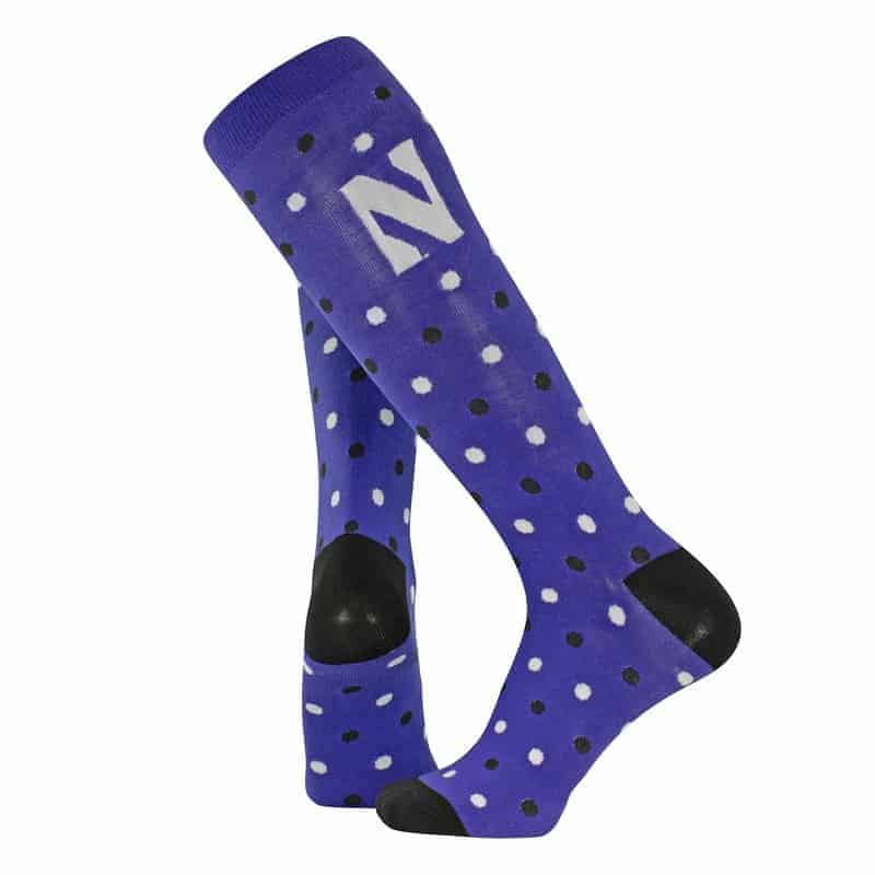 Northwestern University Wildcats Adult Black/White Dot Pattern Over-Calf Purple Dress Socks With Stylized N Design