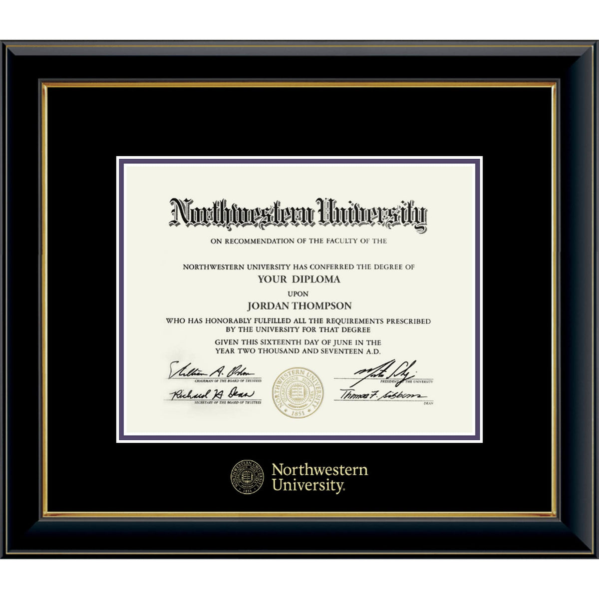 Northwestern University Wildcats Onyx Double Matted Black Diploma Frame With Gold Accent & Gold Embossed Northwestern University Seal Design With Main Matt In Black