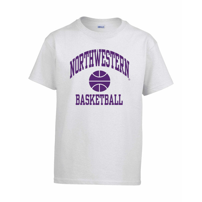 Northwestern University Wildcats White Short Sleeve Tee Shirt with Basketball Design