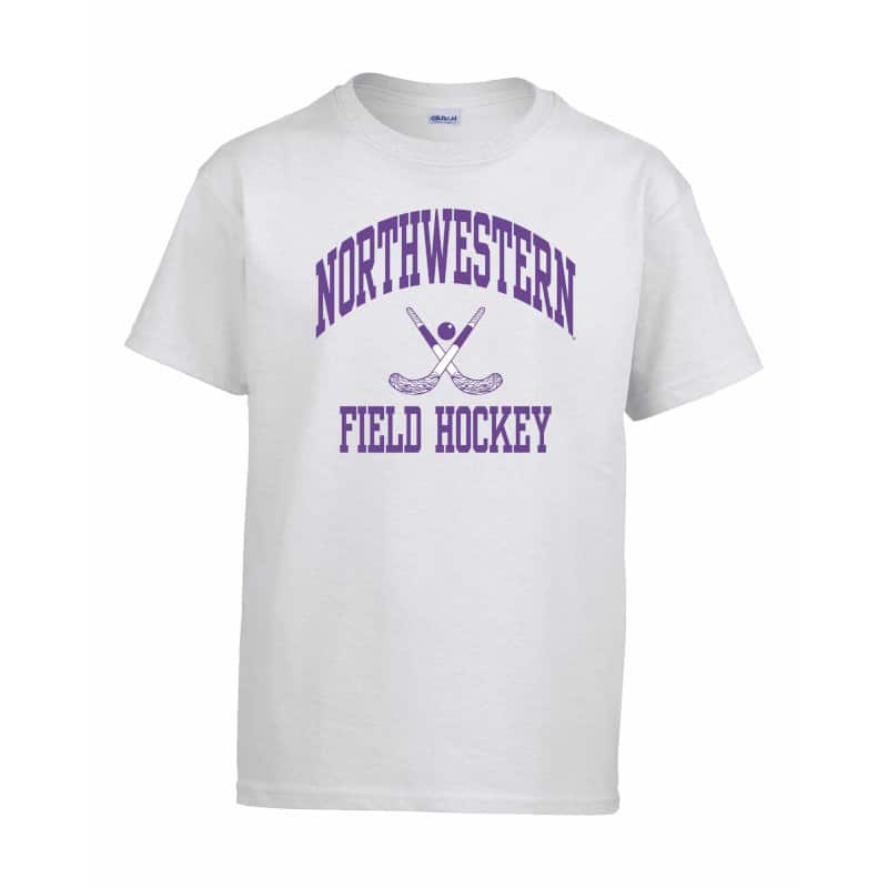 Northwestern University Wildcats White Short Sleeve Tee Shirt with Field Hockey Design