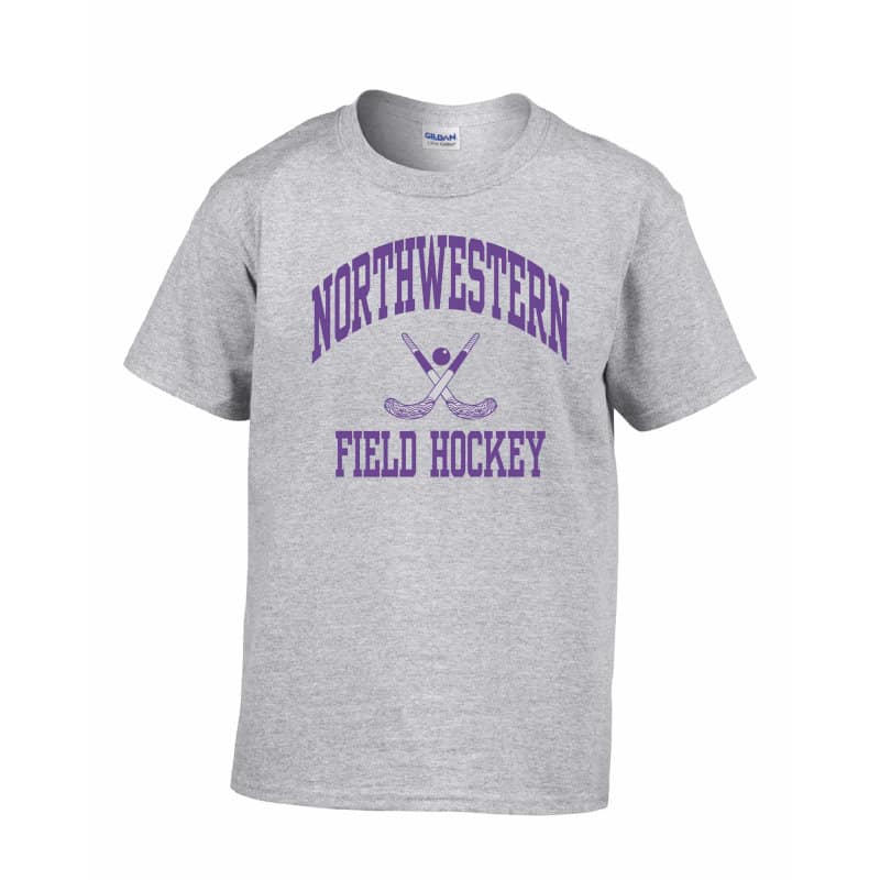 Northwestern Wildcats Men's Grey Short Sleeve Tee Shirt with Field Hockey Design