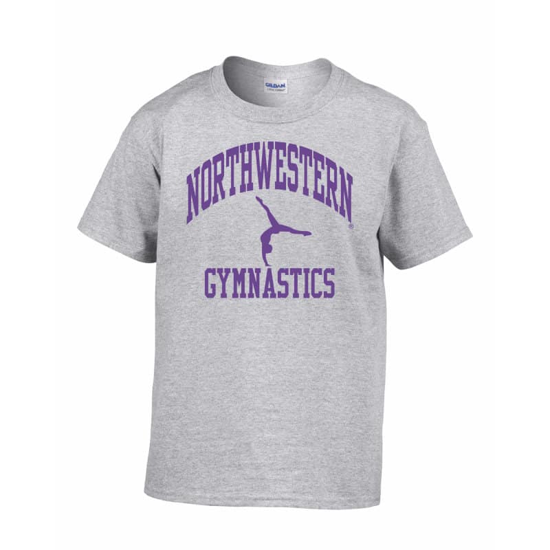 Northwestern Wildcats Grey Short Sleeve Tee Shirt with Gymnastics Design