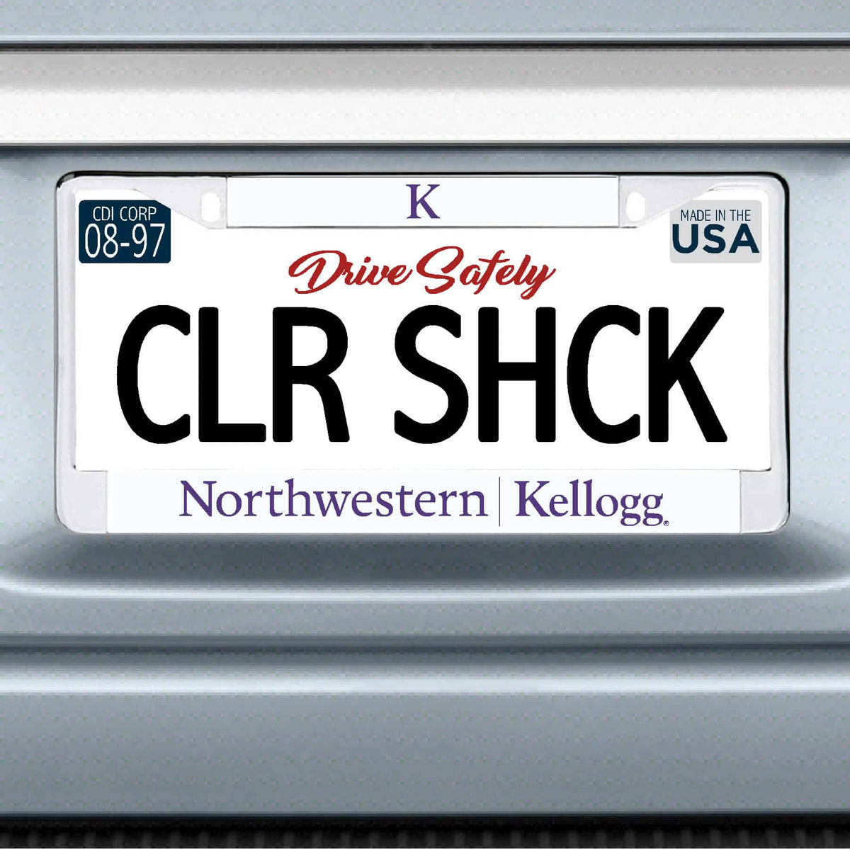Northwestern I Kellogg Chrome License Plate Frame with White Laser Cut Insert