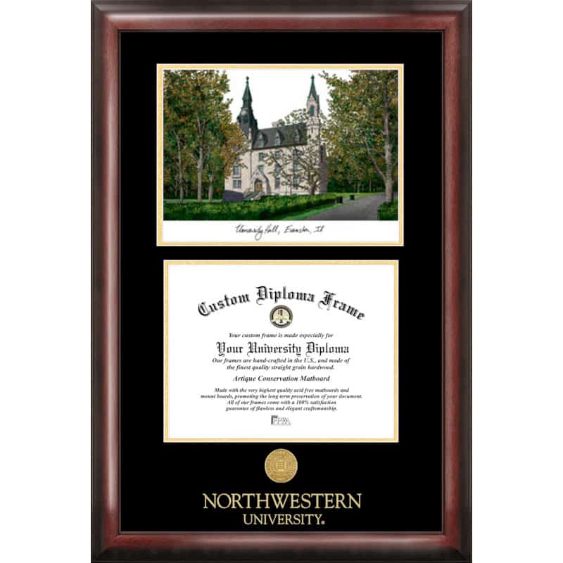Northwestern University Gold Embossed Frame, University Hall Lithograph and Diploma opening