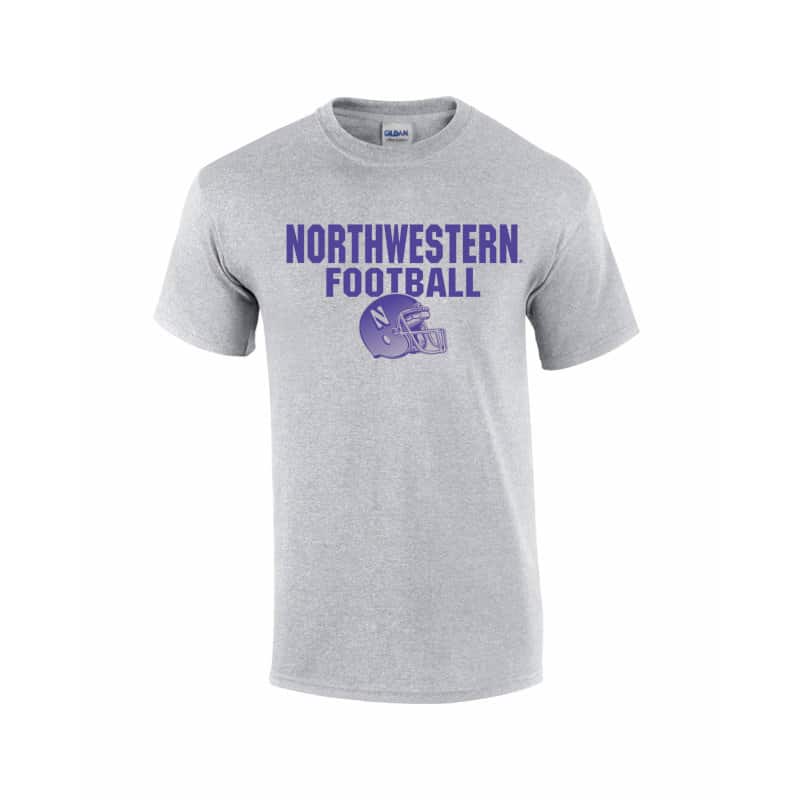 Northwestern University Wildcats Grey Short Sleeve Tee Shirt with Football Helmet Design