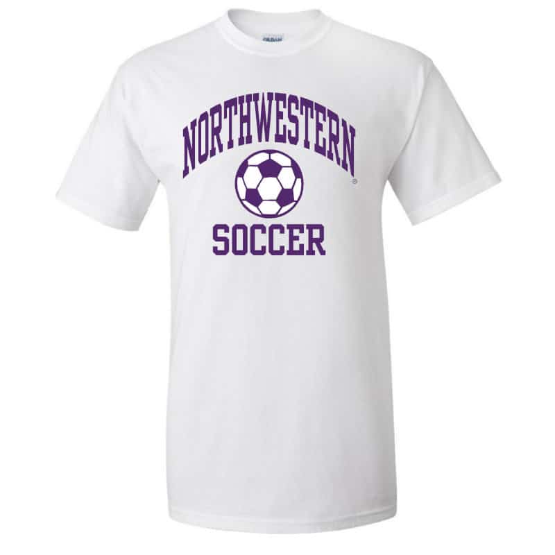 NW2862 Northwestern University Wildcats White Short Sleeve Tee Shirt with Soccer Design