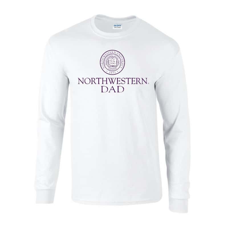 Northwestern University Wildcats White Long Sleeve Tee Shirt with Dad Design