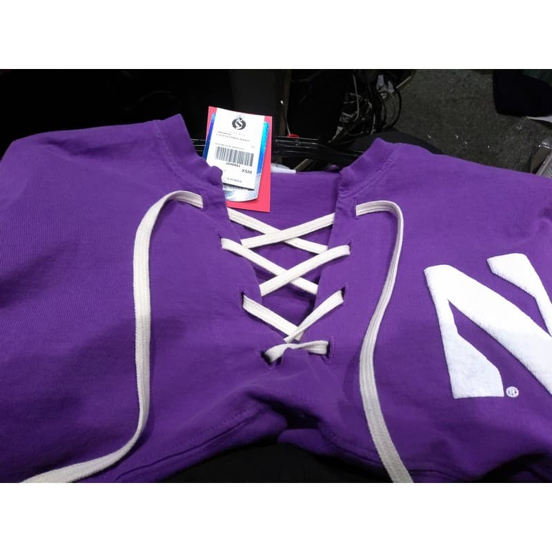 Northwestern University Wildcats Purple Lace Up Stripe Spirit Jersey with Stylized N Design