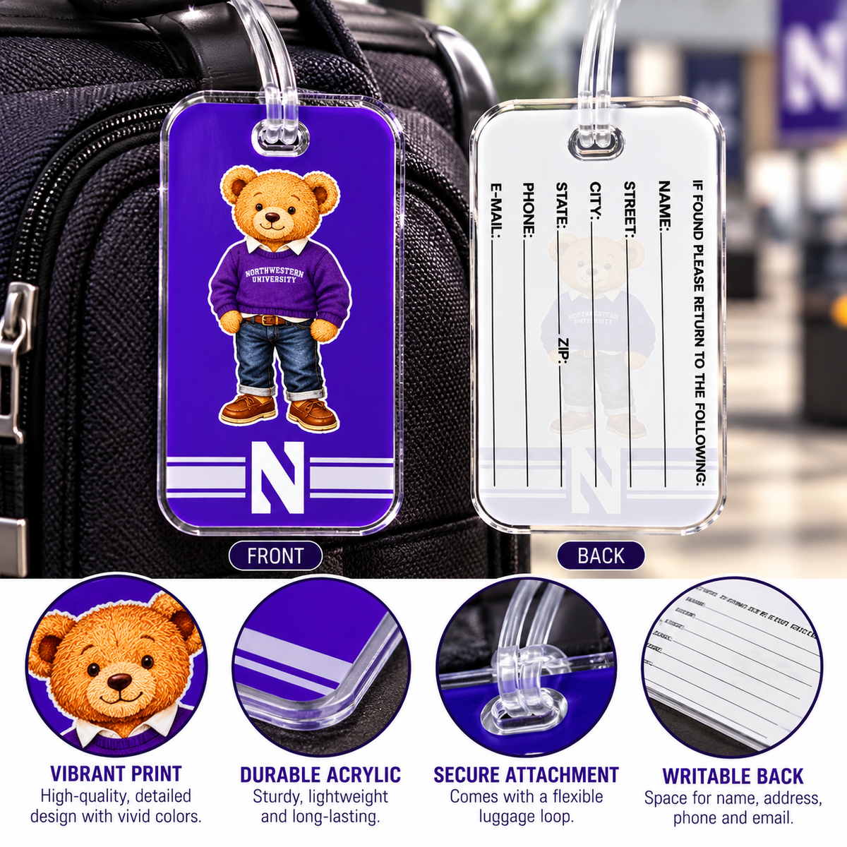 Northwestern University Wildcats teddy bear acrylic luggage tag with purple background, white N logo, clear loop, and writable contact panel on back.