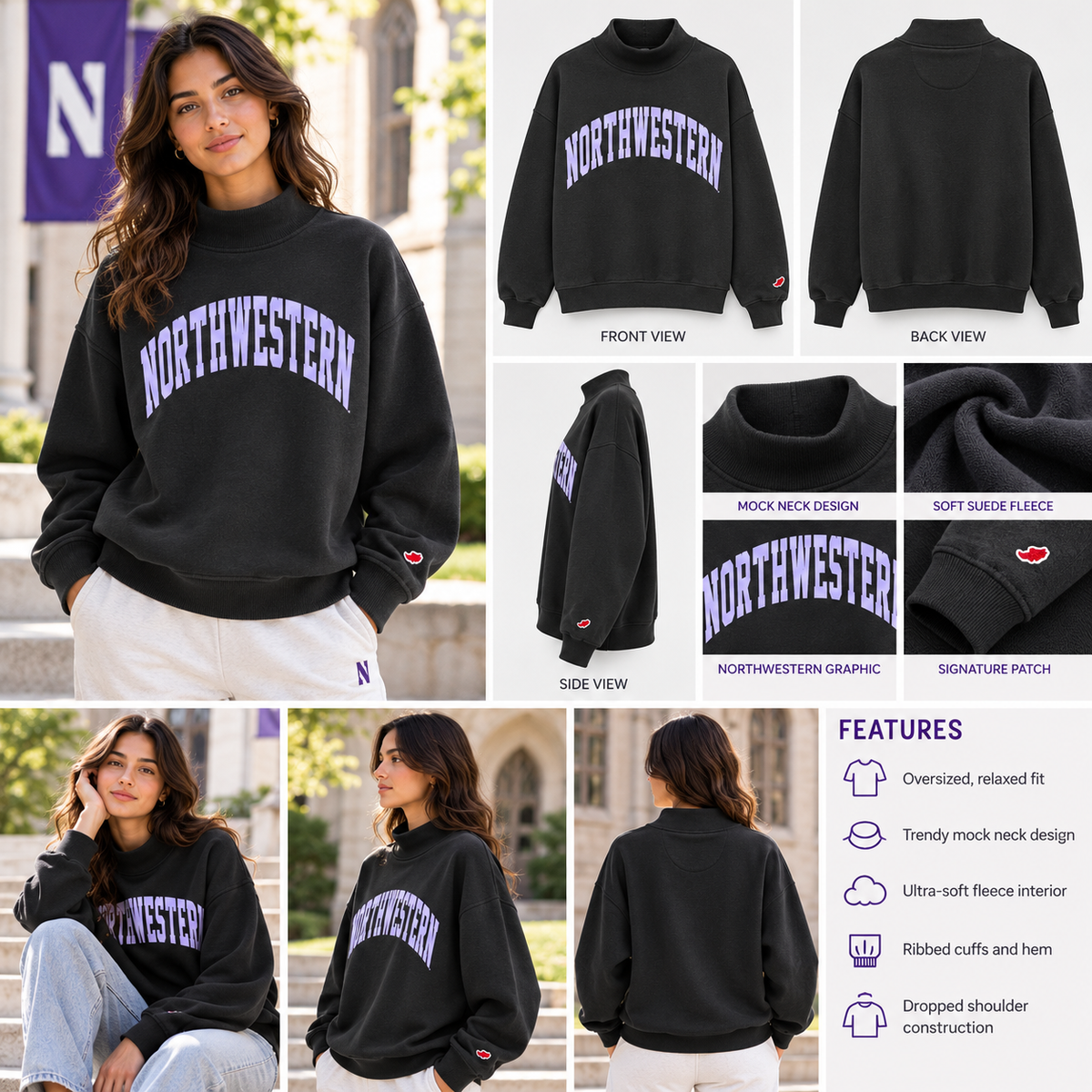 Northwestern University Wildcats Women’s League Diana Mock Neck Sweatshirt – Black