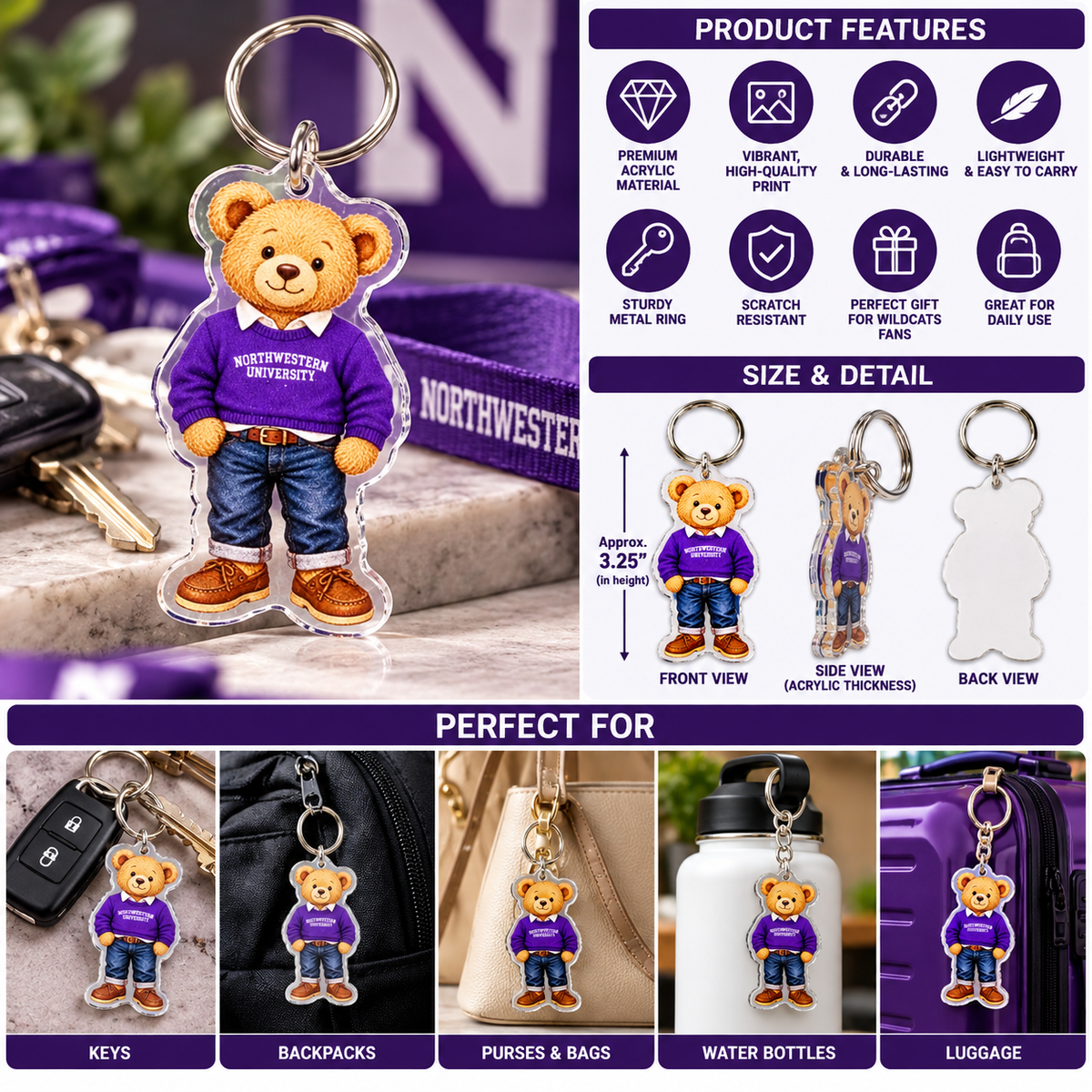 Northwestern University Wildcats Teddy Bear Acrylic Keychain