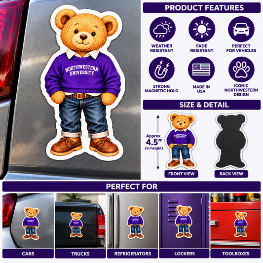 Northwestern University Wildcats teddy bear automotive magnet wearing a purple Northwestern sweatshirt, jeans, and brown shoes.