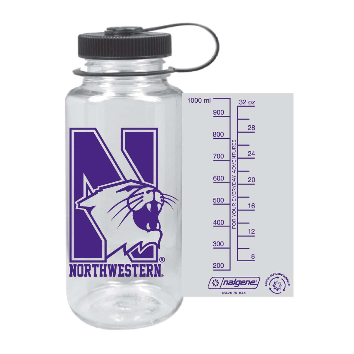 Northwestern University Wildcats 32 oz. Clear Tritan Wide Mouth Nalgene Water Bottle with N-Cat Design
