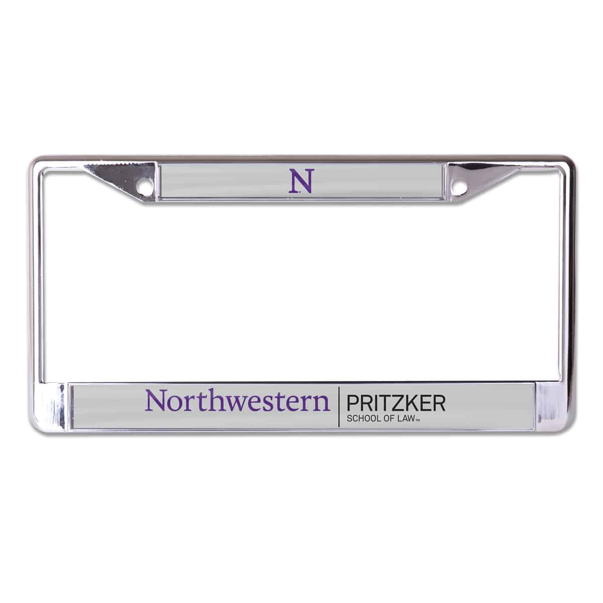 Northwestern University Wildcats Chrome License Plate Frame with Laser Cut Grey Insert & Pritzker School of Law Design
