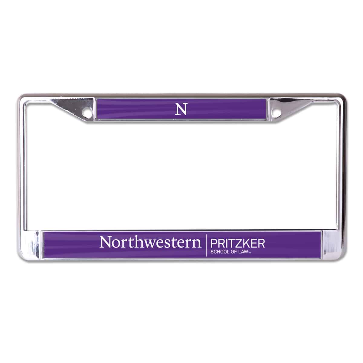 Northwestern University Wildcats Chrome License Plate Frame with Laser Cut Purple Insert & Pritzker School of Law Design