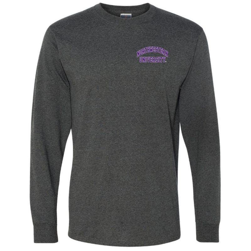 Northwestern University Wildcats Men's Black Heather Long Sleeve Tee Shirt with Left Chest Embroidered Northwestern University Design