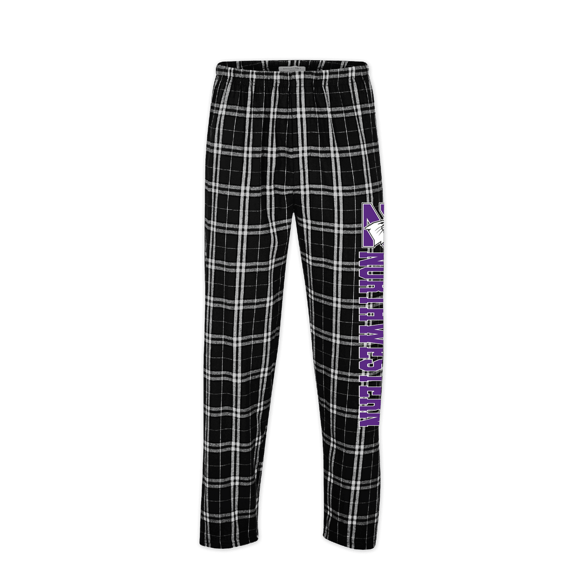 Northwestern University Wildcats Men's Black White Plaid Harley Flannel Pants with Northwestern Down The Leg