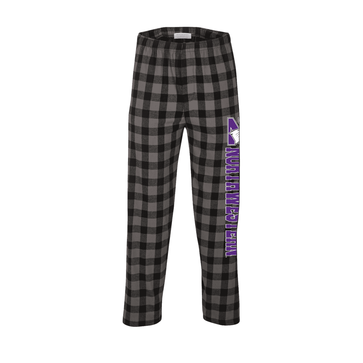 Northwestern University Wildcats Men's Charcoal Black Buff Plaid Harley Flannel Pants with Northwestern Down The Leg