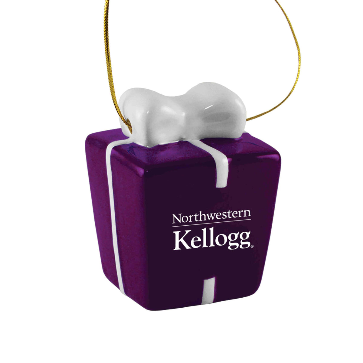 Northwestern I Kellogg Ceramic 3D Purple Christmas Present Shaped Ornament