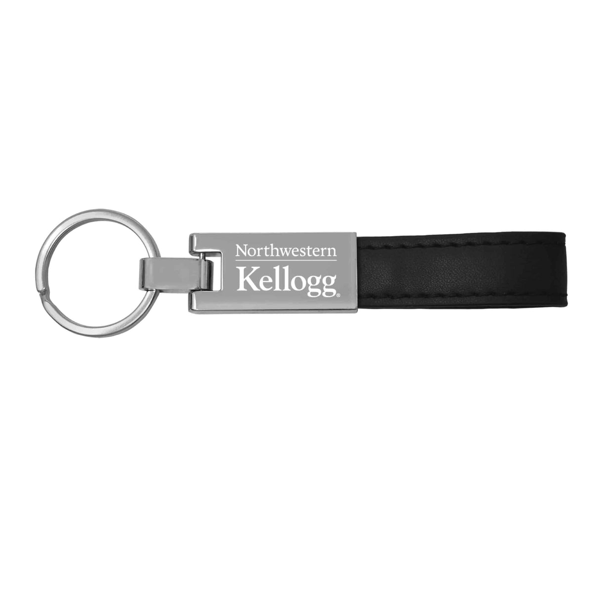 Northwestern University Wildcats Laser Engraved Silver Metal & Black Leather Key Chain with Kellogg Design