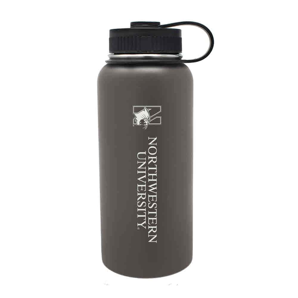 Northwestern University Wildcats 32 oz. Laser Engraved Gunmetal Boundless Travel Tumbler Water Bottle With N-Cat Design