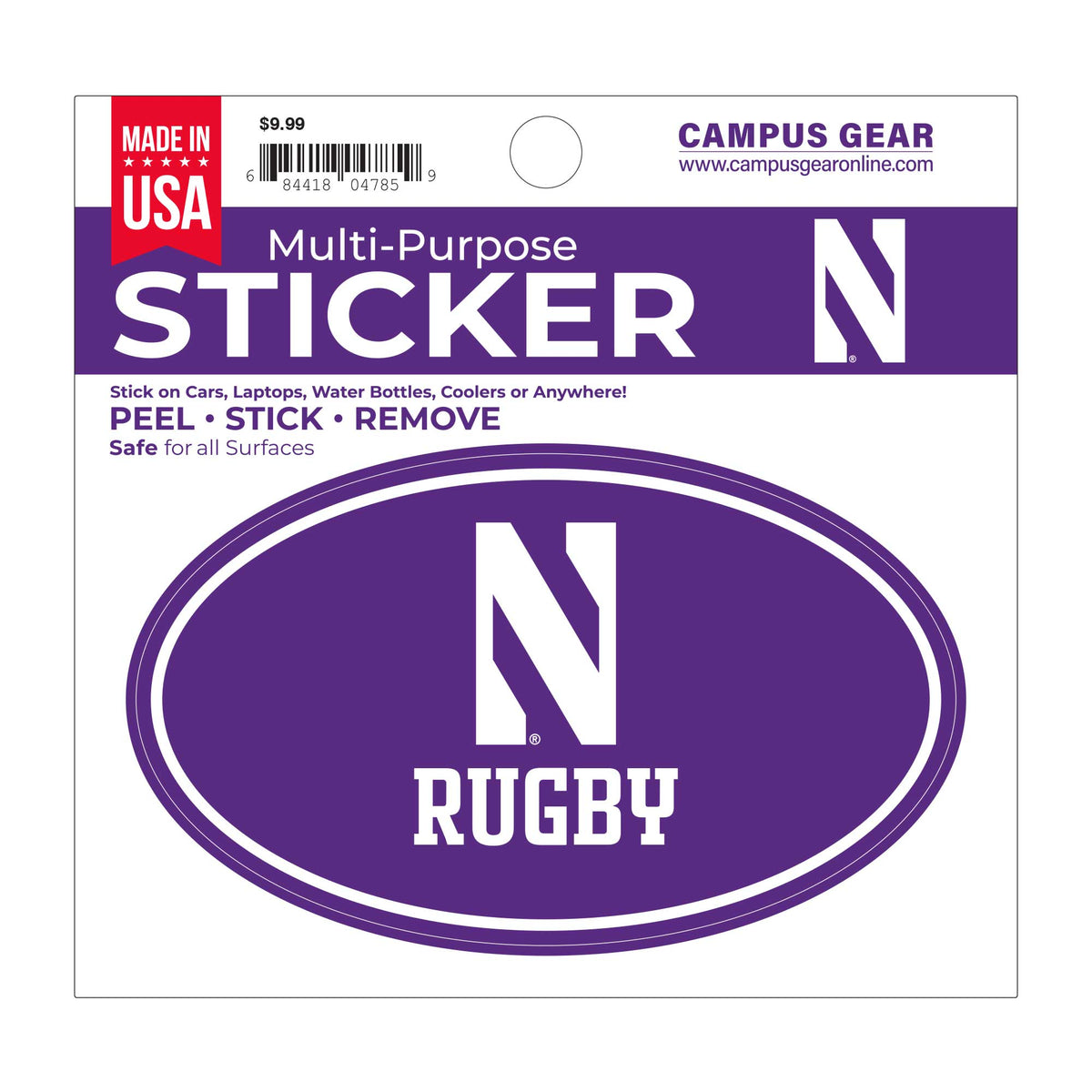 Northwestern University Wildcats Full Color Outside Application 3"X5" Oval Multi-Purpose Sticker with N & Rugby Club Design