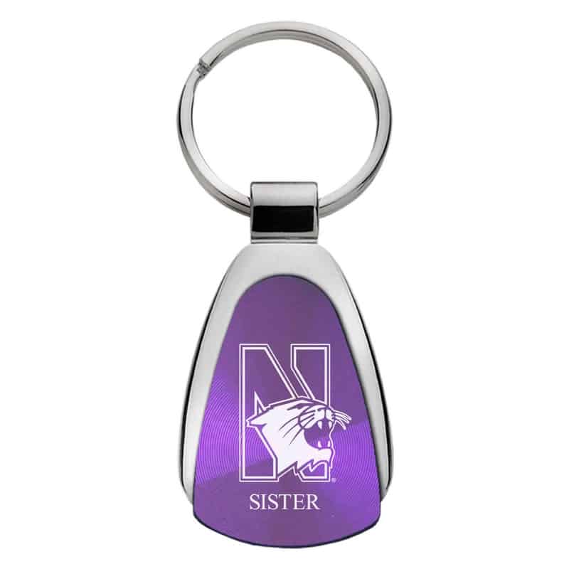 Northwestern University Wildcats Laser Engraved Purple Teardrop Keychain with Mascot & Sister Design