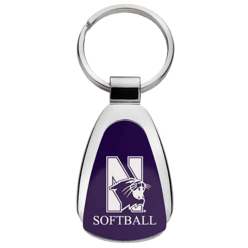 Northwestern University Wildcats Laser Engraved Purple Teardrop Key Chain with Mascot & Softball Design