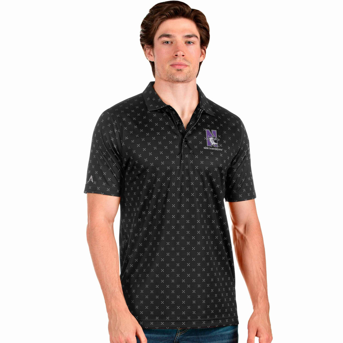 Northwestern University Wildcats Men's Antigua Spark Polo Shirt in Black with N-Cat Design