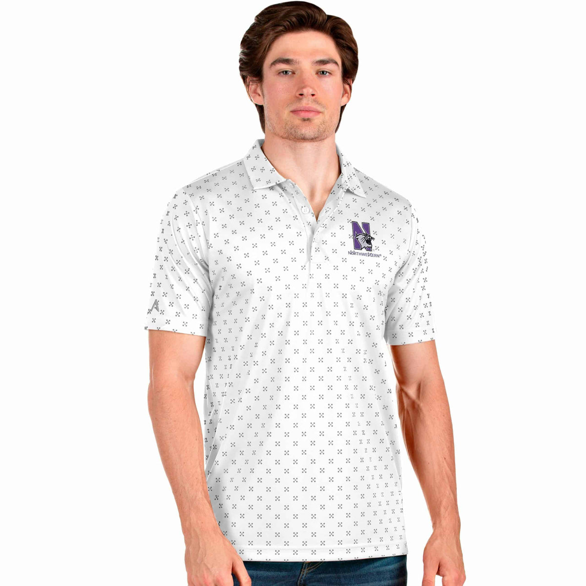 Northwestern University Wildcats Men's Antigua Spark Polo Shirt in White Multi with N-Cat Design