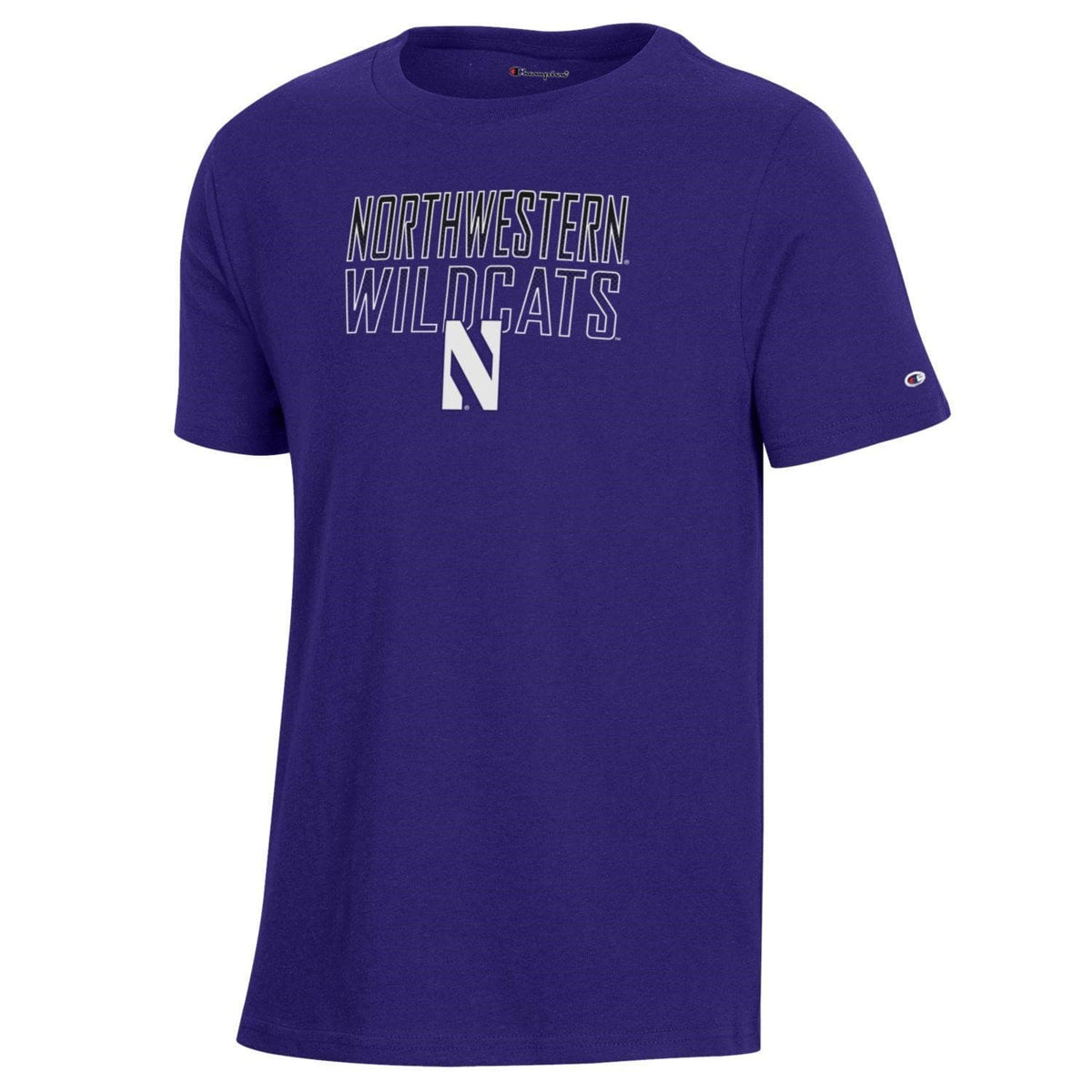 Northwestern University Wildcats Youth Purple Champion Short Sleeve Tee with Straight Northwestern Wildcats Over N Design