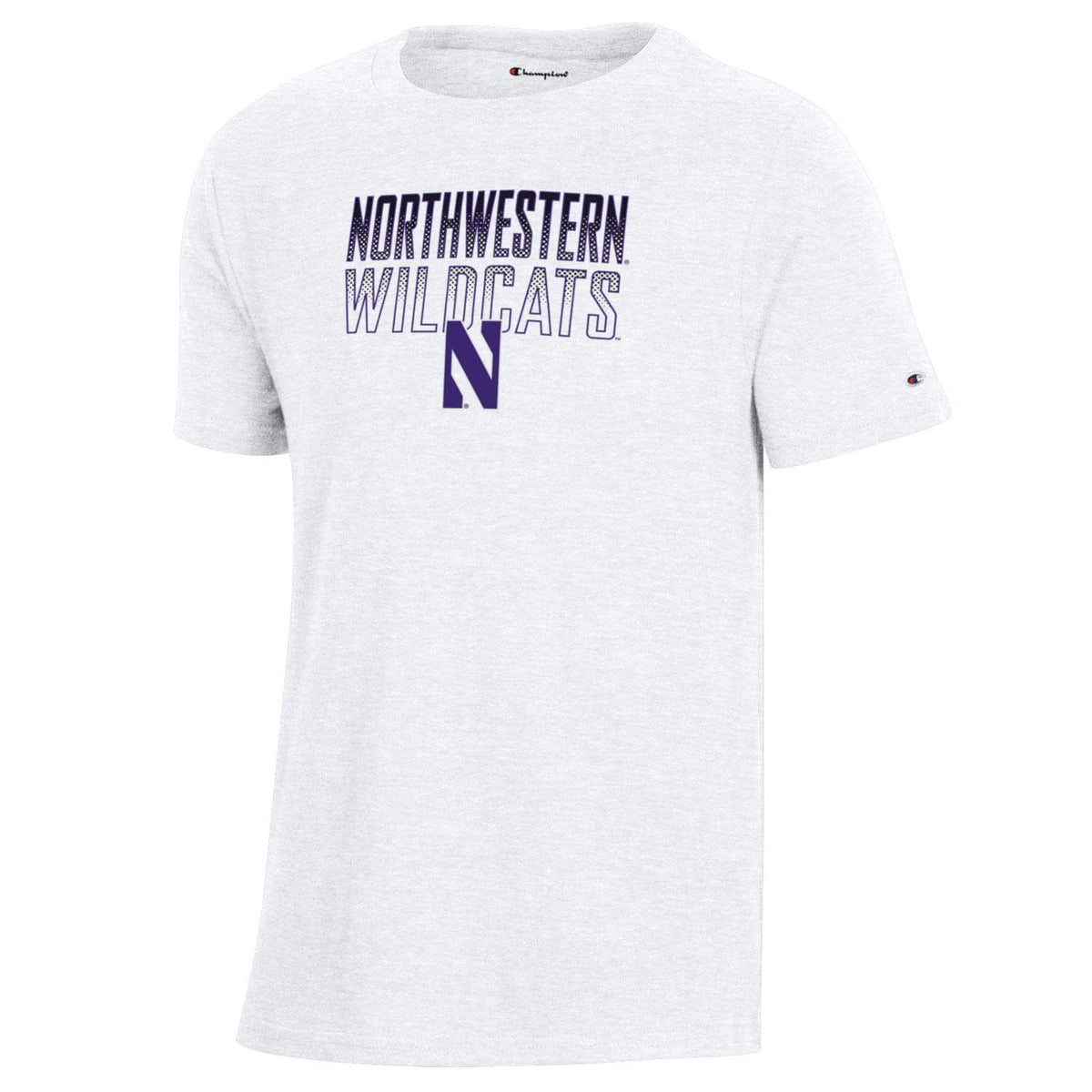 Northwestern University Wildcats Youth White Champion Short Sleeve Tee with Straight Northwestern Wildcats Over N Design