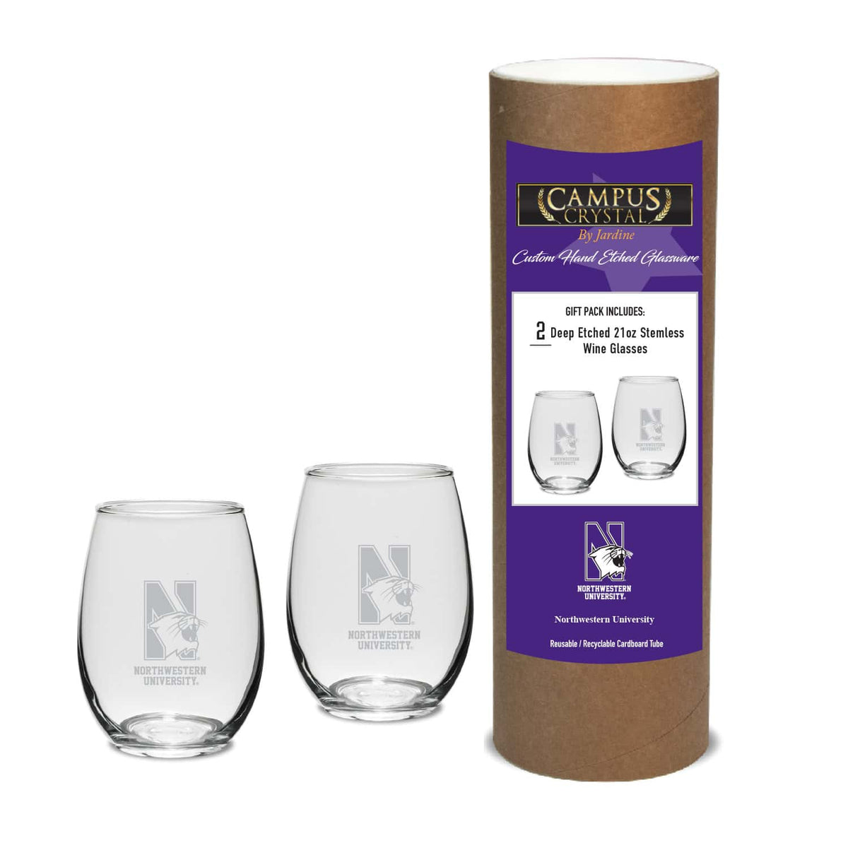Northwestern University Wildcats 15 oz. Deep Etched Stemless Wine Glasses with N-Cat Design - Set of Two
