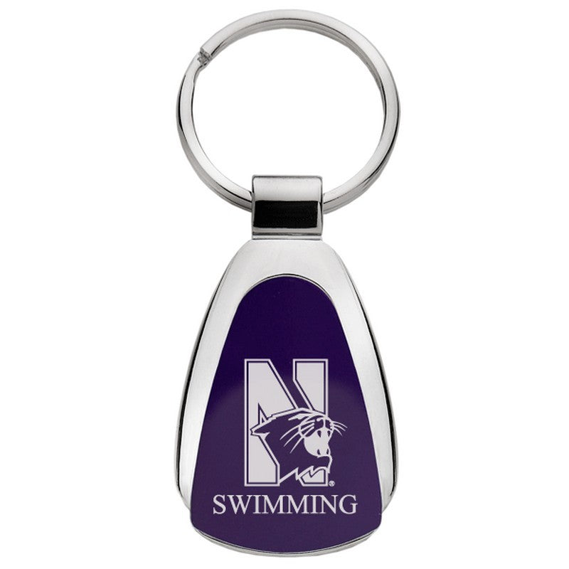 Northwestern University Wildcats Laser Engraved Purple Teardrop Key Chain with Mascot & Swimming Design