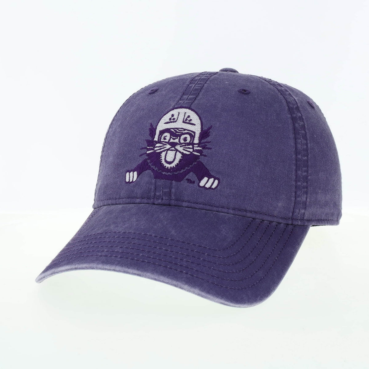 Northwestern University Wildcats Super Light Weight Legacy Unconstructed Adjustable Vintage Washed Purple Terra Twill Hat with Vintage Cat with Helmet Design