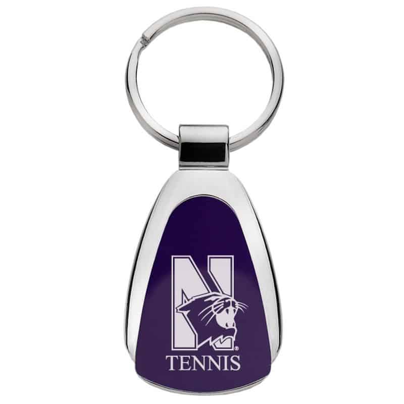Northwestern University Wildcats Laser Engraved Purple Teardrop Key Chain with Mascot & Tennis Design