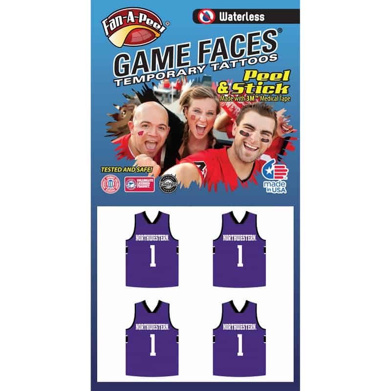 Northwestern Wildcats Waterless Temporary Spirit Tattoos with Basketball Jersey Design
