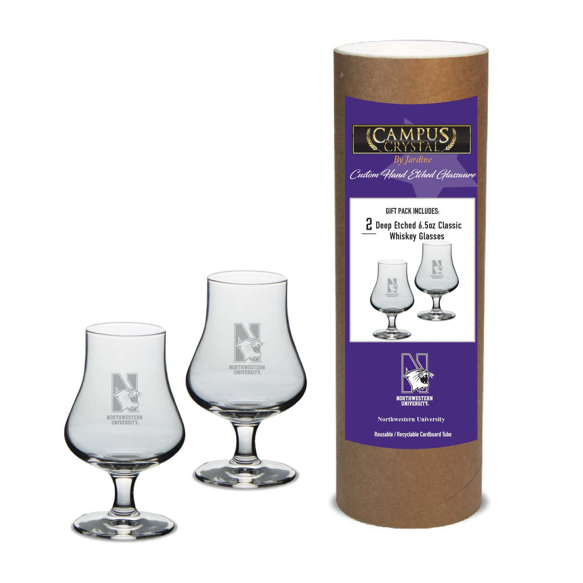 Northwestern University Wildcats 6.5 oz. Deep Etched Classic Whiskey Glasses with N-Cat Design - Set of Two