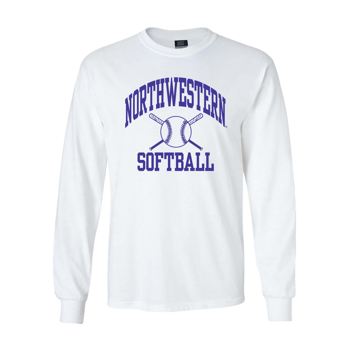 Northwestern University Wildcats White Long Sleeve Tee Shirt with Softball Design