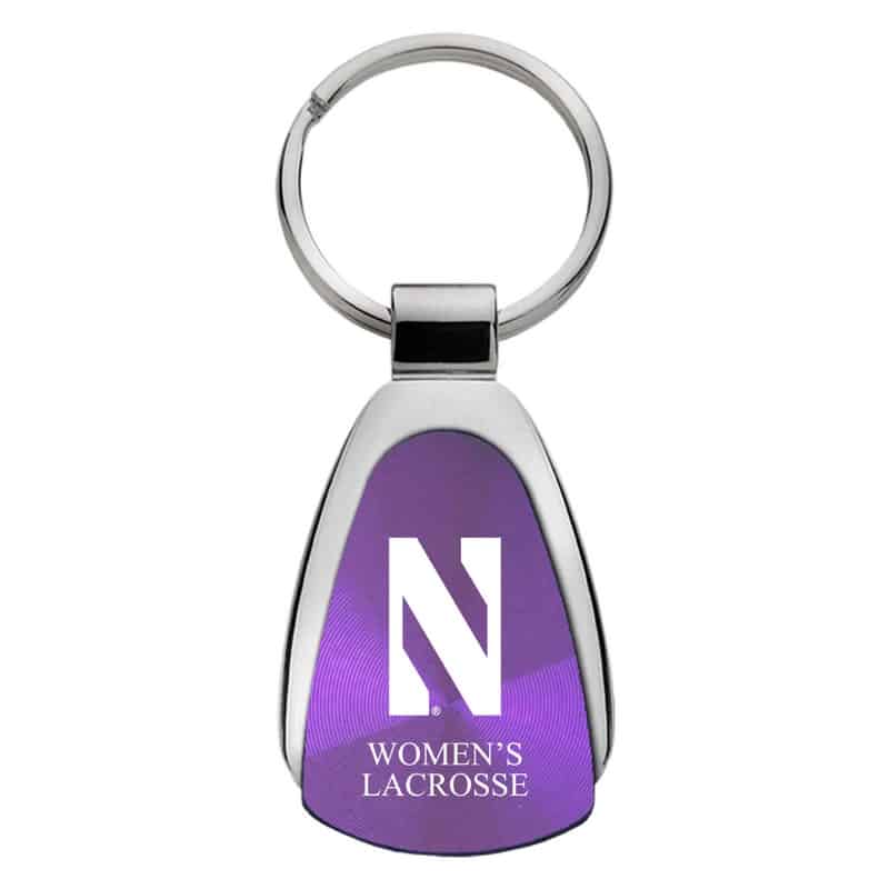 Northwestern University Wildcats Laser Engraved Purple Teardrop Key Chain with Stylized N & Women's Lacrosse Design