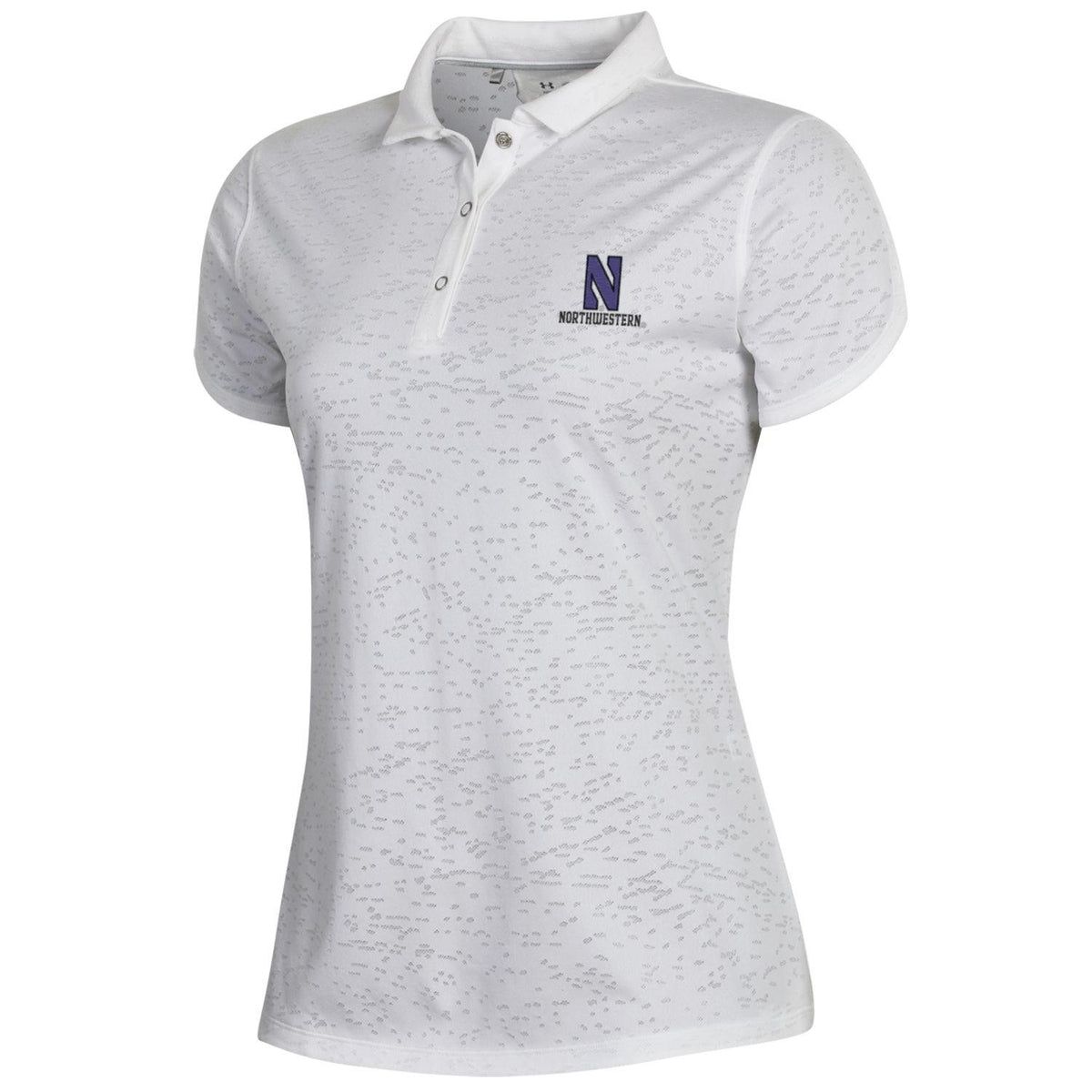 Northwestern University Wildcats Ladies Under Armour Tour Vanish Jacquard Polo Solid White with burnout pattern