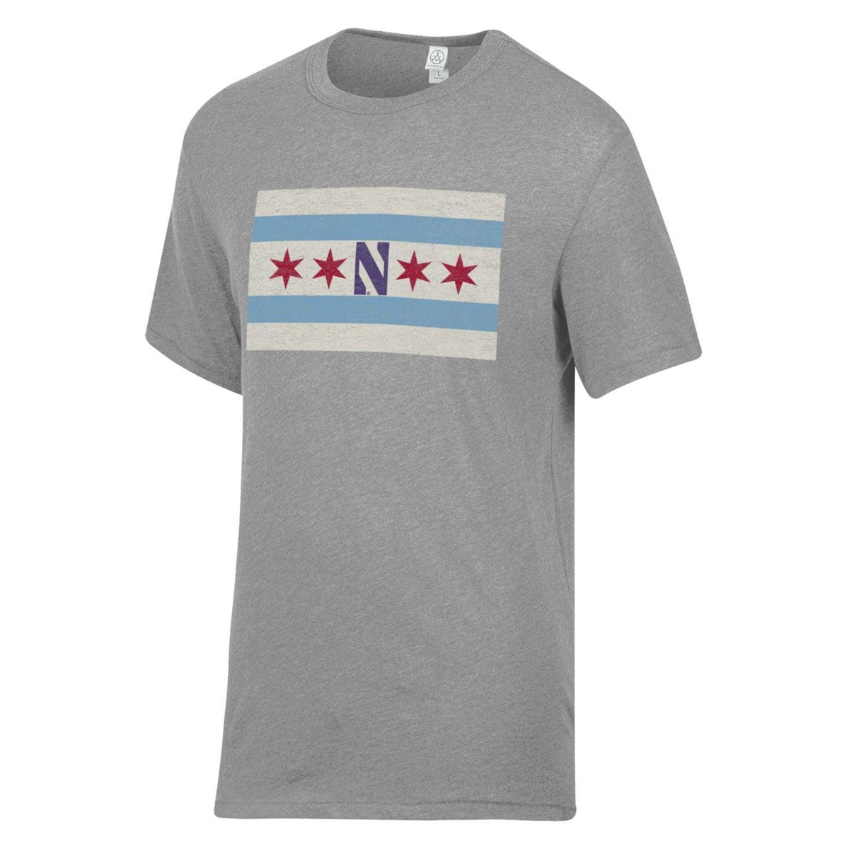 Northwestern University Wildcats Men's Alternative Apparel The Keeper Smoke Grey Short Sleeve Tee Shirt with Chicago Flag Design