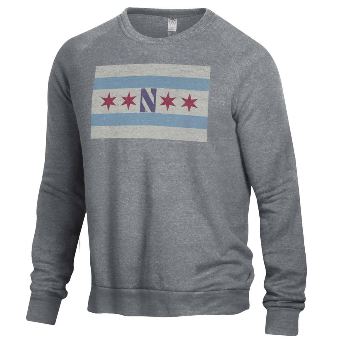 Northwestern University Wildcats Men's Alternative Apparel The Champ Eco Grey Crewneck Sweatshirt with Chicago Flag Design