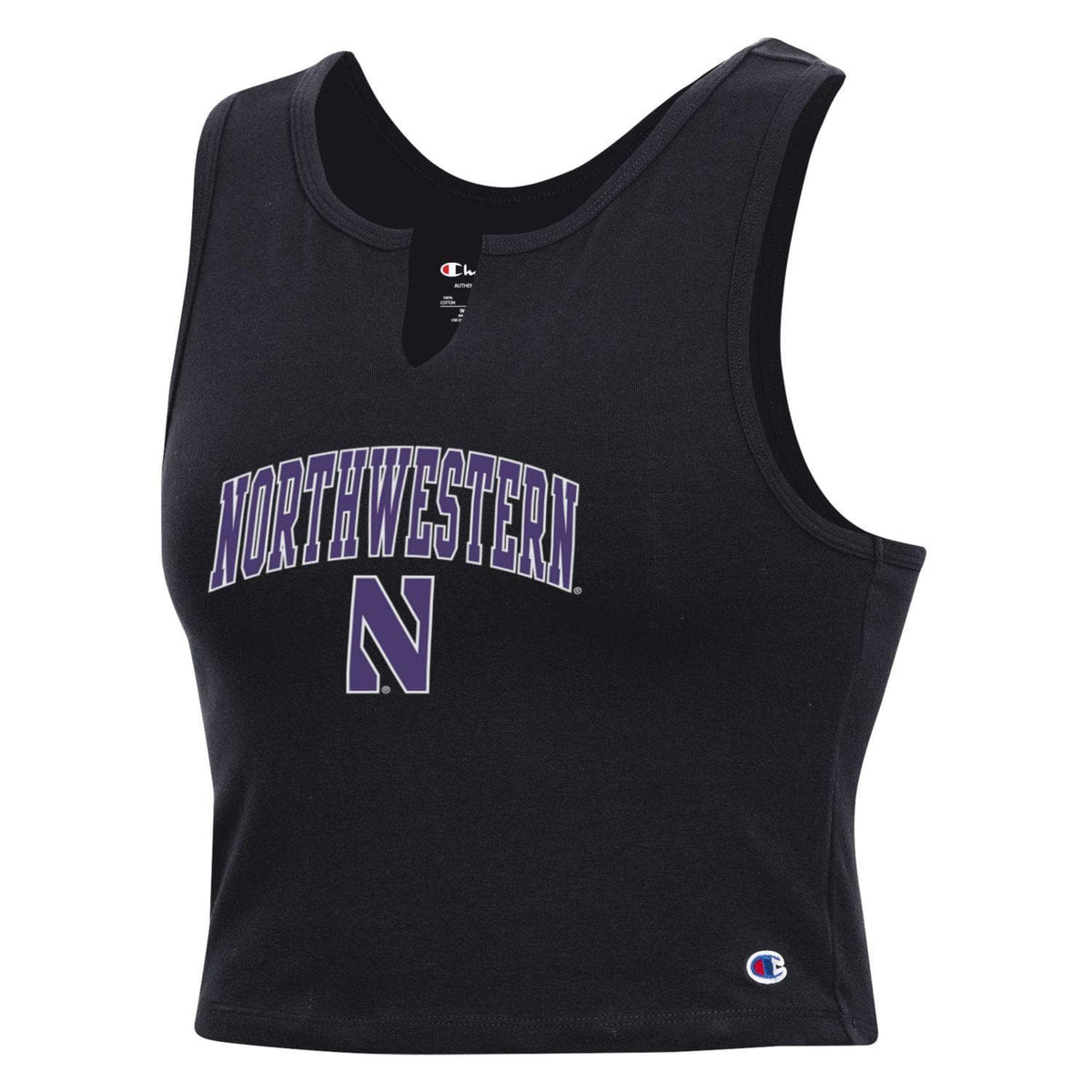 Northwestern University Wildcats Women’s Champion Football Fan Black Fitted Crop Tank with Arch Over N Design
