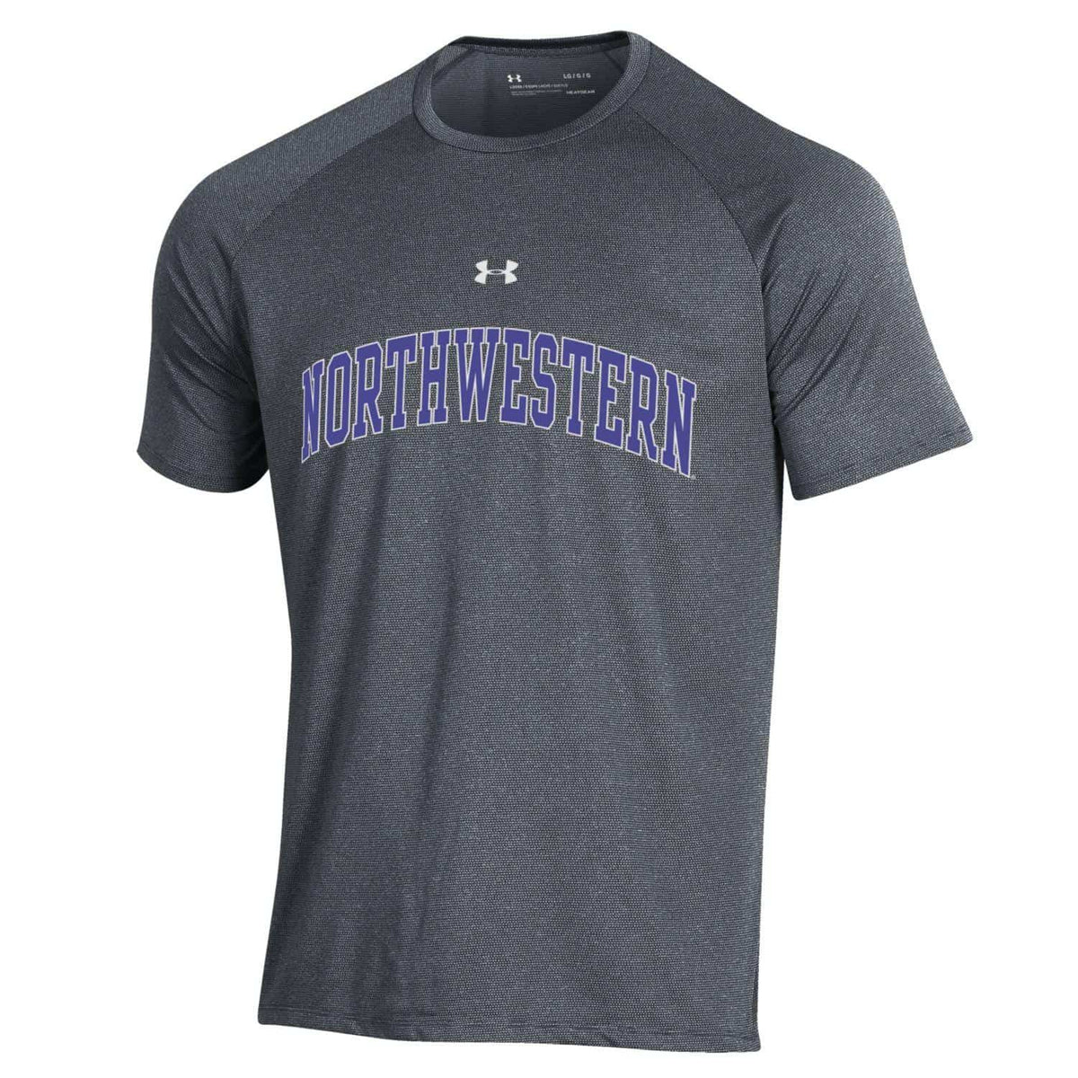 Northwestern University Wildcats Men’s Under Armour Pitch Grey Tech Novelty Short Sleeve Tee with Arched Northwestern Design