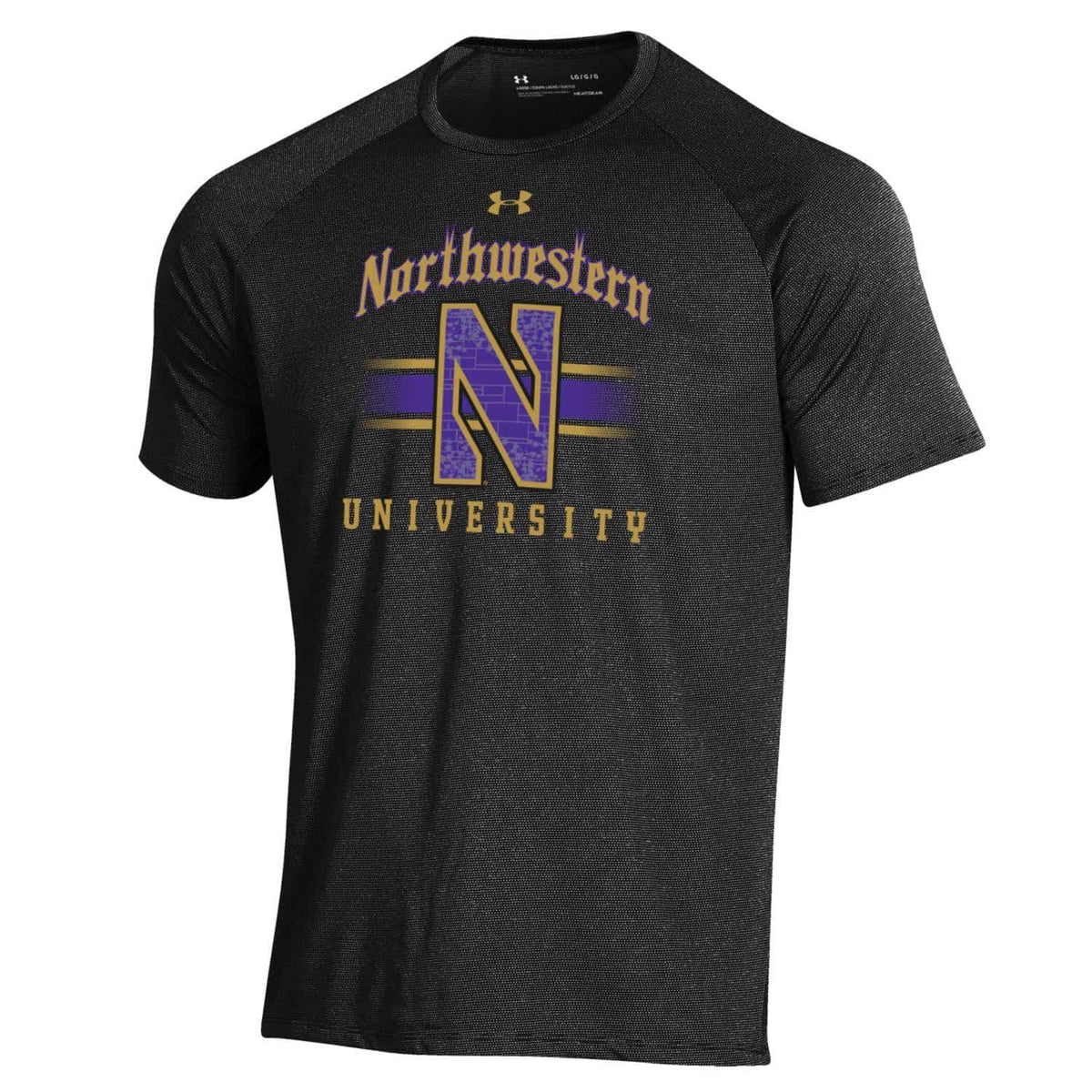 Northwestern University Wildcats Men’s Under Armour Black Tech Novelty Short Sleeve Tee with Stylized N Gothic Bar Design
