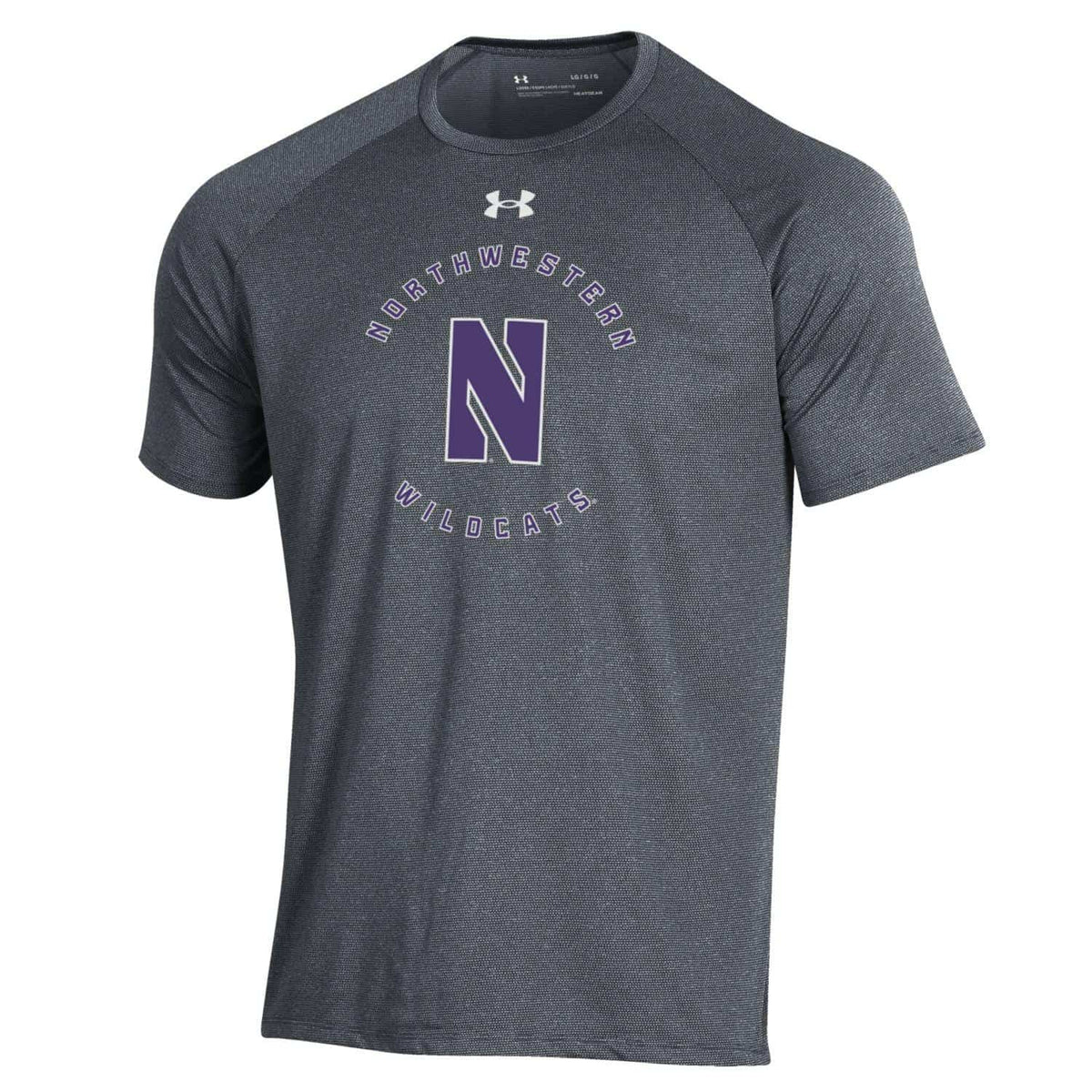Northwestern University Wildcats Men’s Under Armour Pitch Grey Tech Novelty Short Sleeve Tee with Stylized N Circle Design