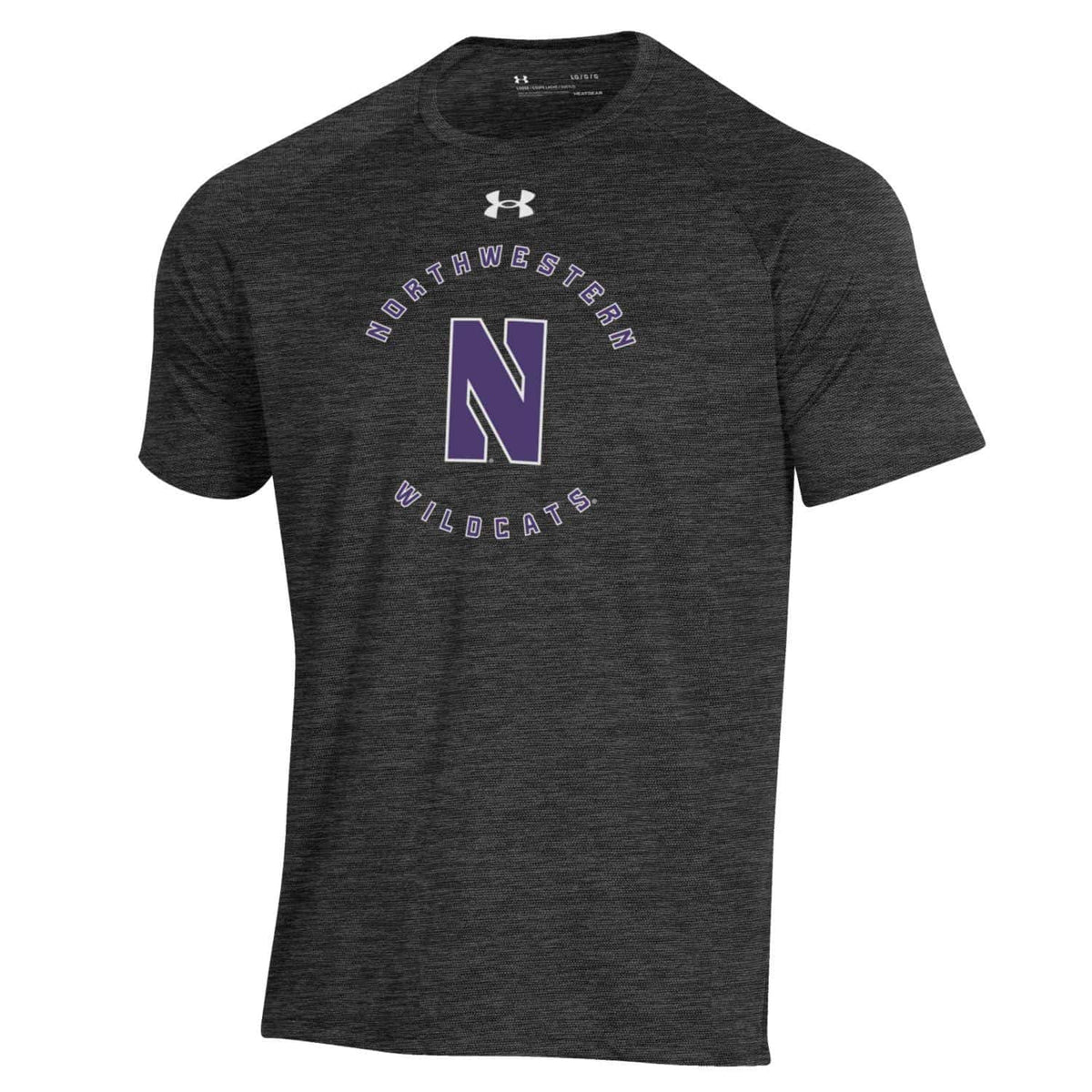 Northwestern University Wildcats Men’s Under Armour Black Twist Tech Novelty Short Sleeve Tee with Stylized N Circle Design