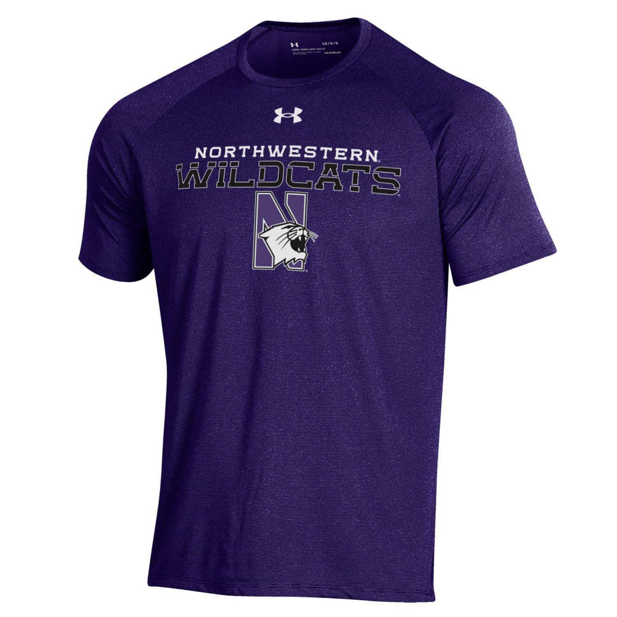 Northwestern University Wildcats Men’s Under Armour Purple Tech Novelty Short Sleeve Tee with N-Cat Design