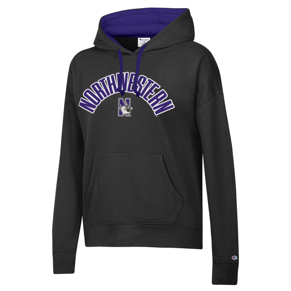 Northwestern University Wildcats Women's Champion Black Stadium Hoodie with Sewn Appliqué Design